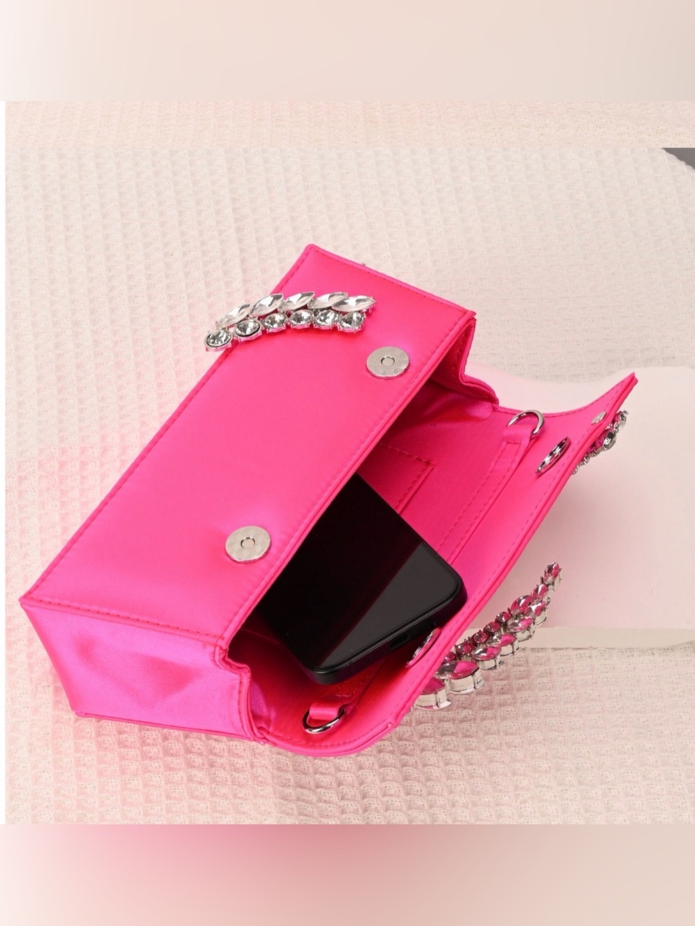Cityclassified Hot Pink Satin Clutch with Crystal-Embellished Handle - Picture 7 of 11